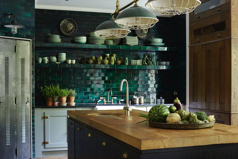 Emerald subway tile backsplash