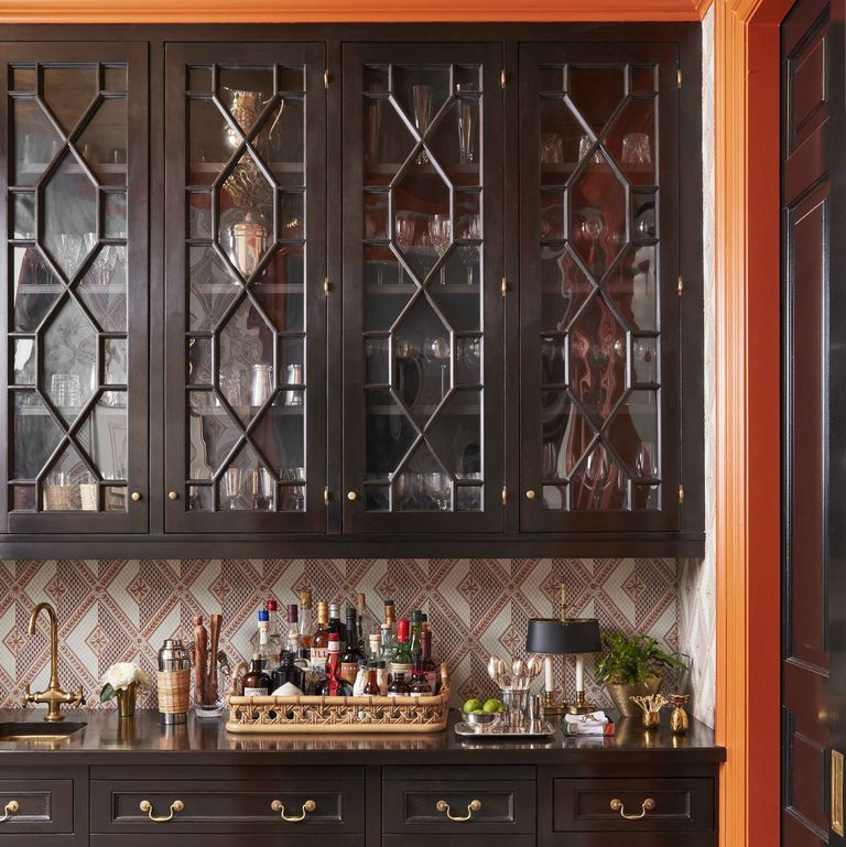 Geometric patterned wallpaper backsplash