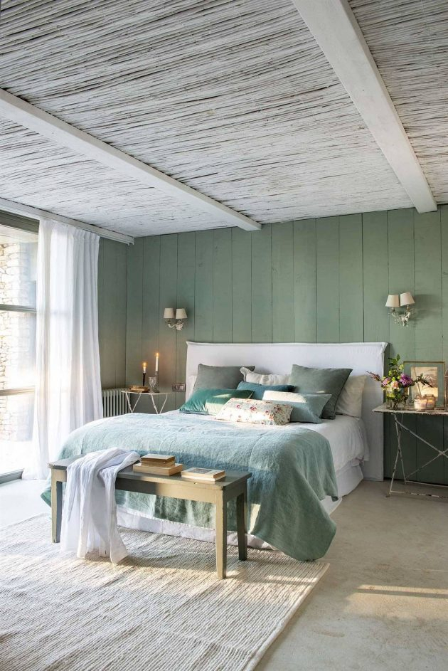 Green and white bedroom