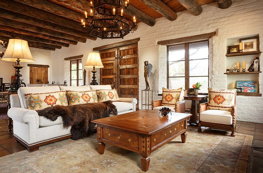 Heavy-wooden-beams-and-brick-walls-accentuate-the-southwestern-style-in-the-room
