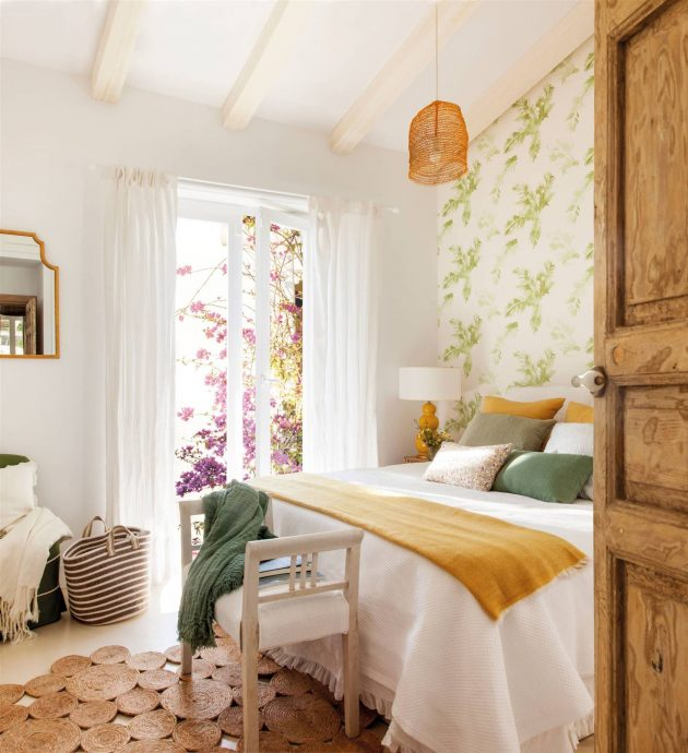 With floral wallpaper