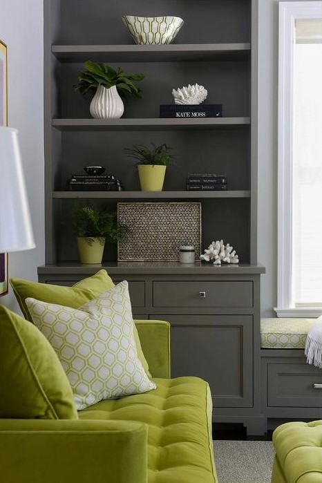 Chartreuse-green-sofa-ottoman-gray-living-room-window-seat-shelves-3