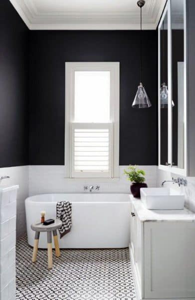 White-tub-tile-floors-black-bathroom-interior-design