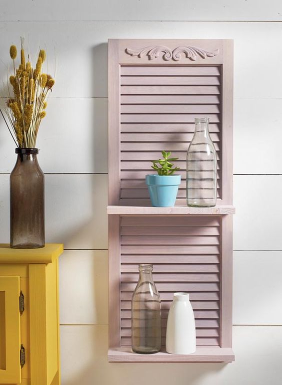 05-a-blush-painted-shutter-with-shelves-is-a-cute-idea-to-add-country-charm-to-any-space