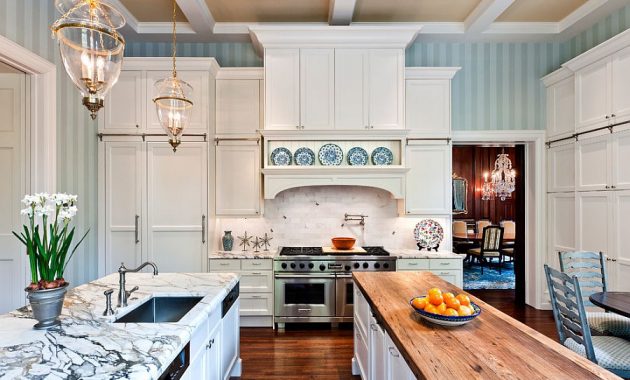 1-striped-wallpaper-creates-a-soothing-backdrop-for-the-spacious-traditional-kitchen