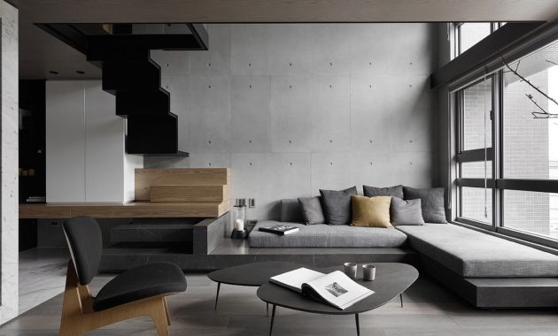 1-concrete-wall-zigzag-staircase-gray-color-schemes-living-room-1