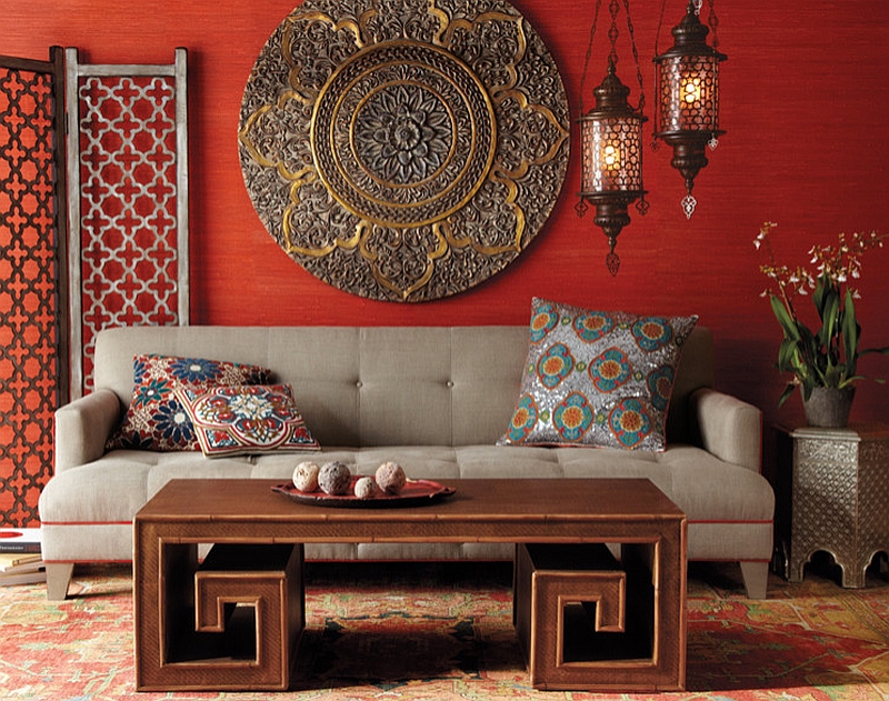 Bamboo-coffee-table-and-ornate-details-shape-this-chic-living-room-in-bold-colors