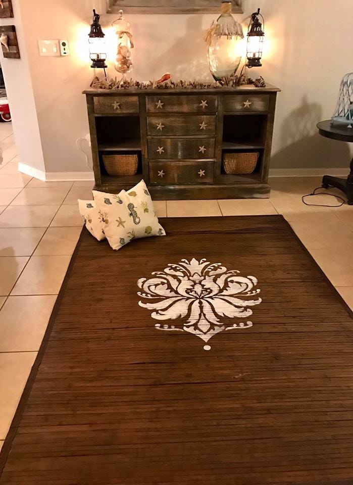 Gabis-brocade-damask-stencil-diy-stenciled-bamboo-rug-pixie-dust-paint