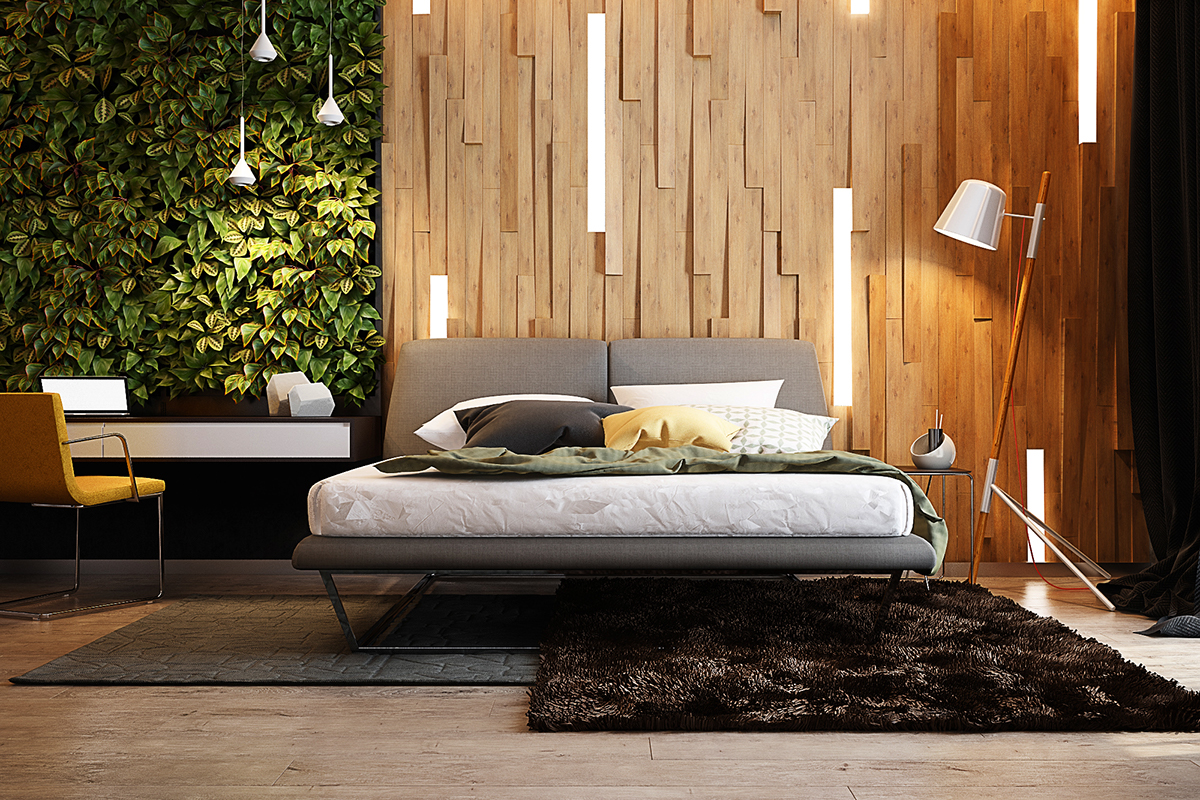 Hanging-light-strips-living-bedroom-modern-wood-accent-wall