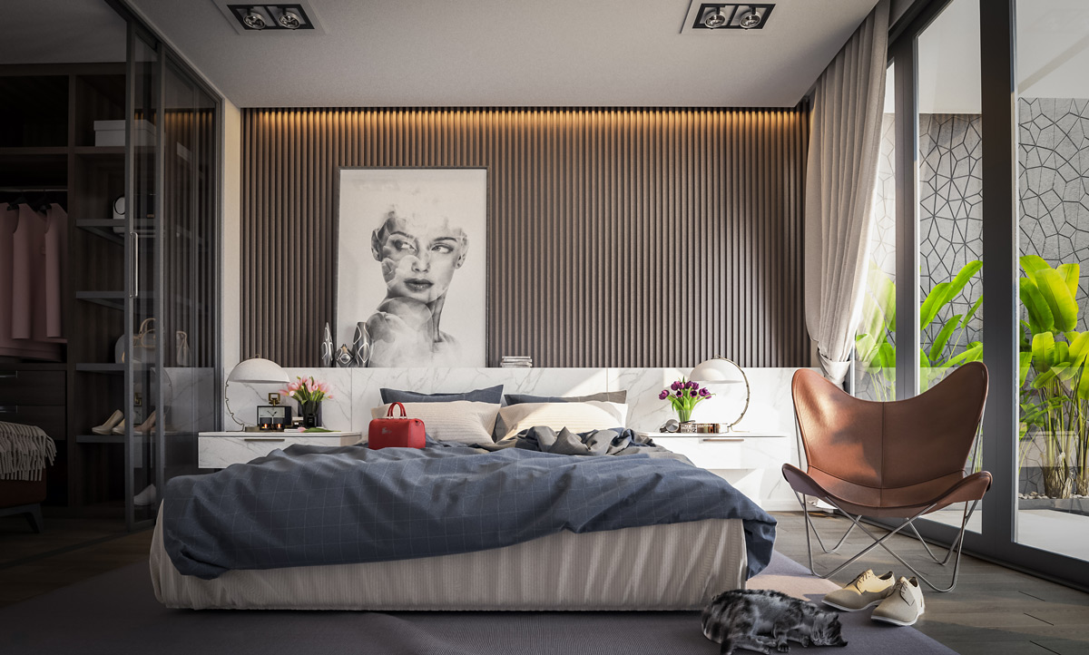 Lined-wallpaper-leaning-sketch-bedroom-wall-painting