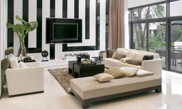 Living-room-black-white-striped-wall-modern-furniture