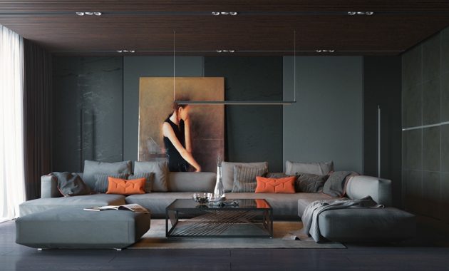 Orange-cushions-grey-curtains-dark-living-room