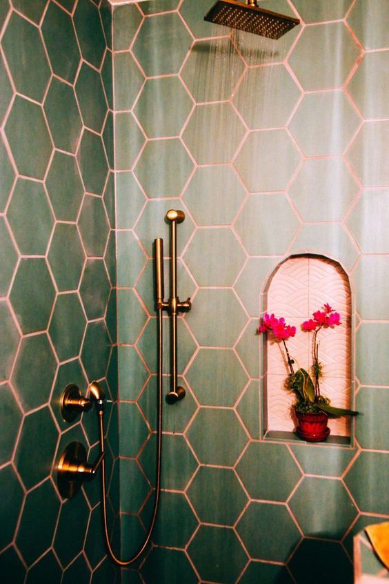 2-26-green-hex-tiles-paired-with-copper-grout-and-copper-fixtures-are-a-chic-and-bold-idea-wiht-a-refined-touch