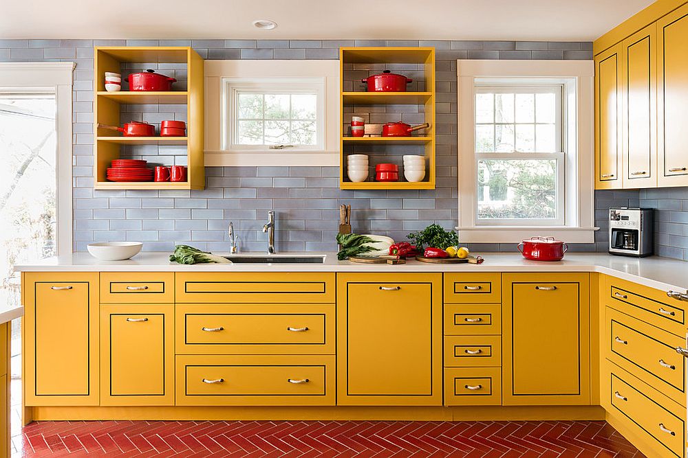 Contemporary-kitchen-with-yellow-cabinets-and-a-gray-backdrop-1