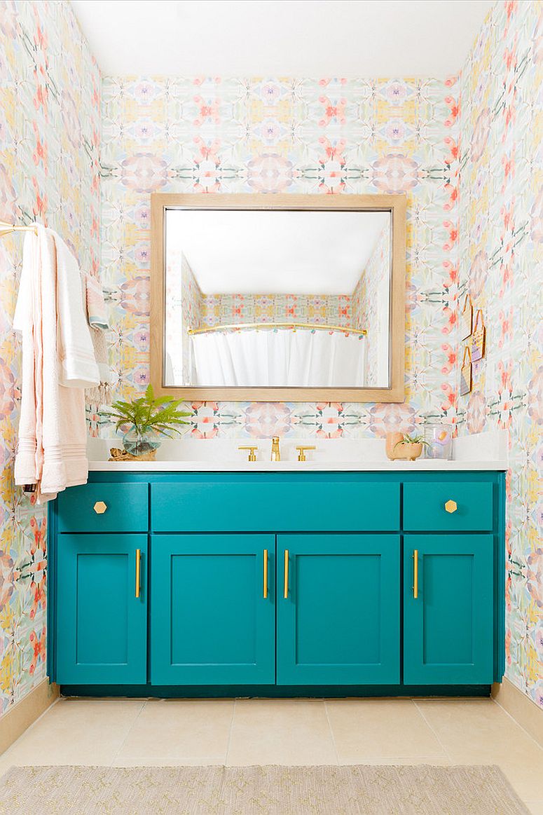 Striking-and-fun-way-to-add-teal-using-the-bathroom-vanity
