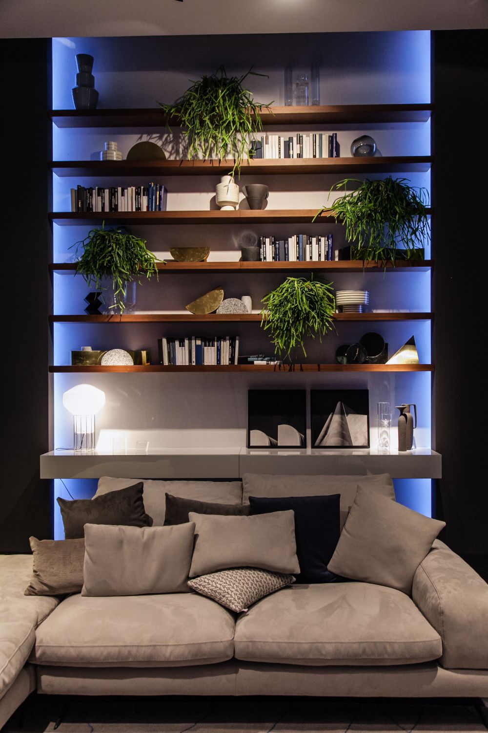 Floating-shelvrs-above-living-room-sofa-with-led-blue-light-and-decorated-with-plants-and-books