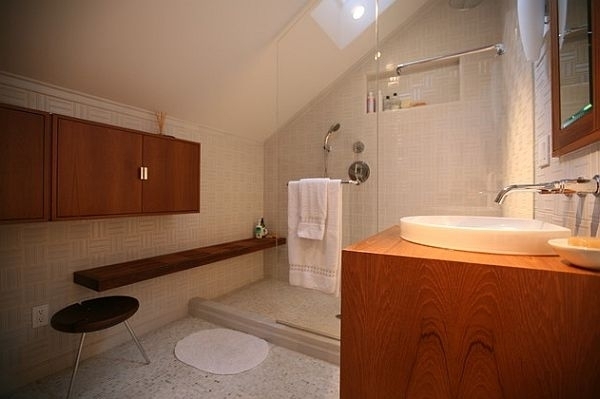 Small-bathroom-walk-in-shower-ideas-glass-partition-wooden-vanity-cabinet