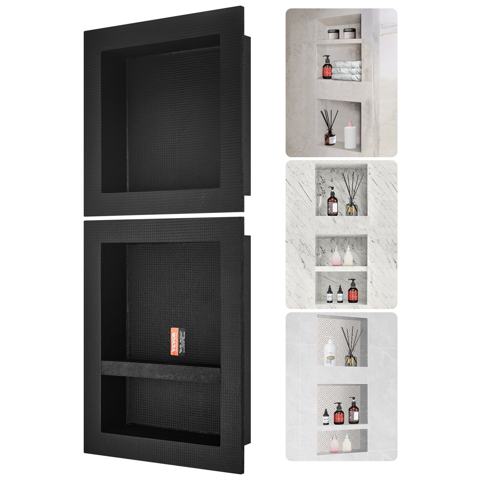 Triple shelf organizer, square corners wall-inserted niche recessed