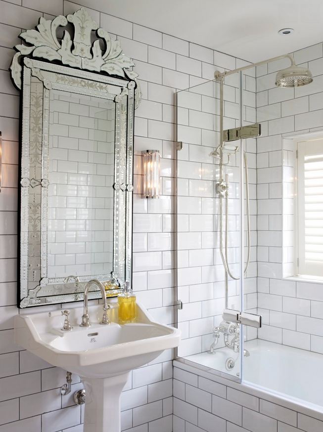 Half-glass-wall-in-transitional-bathroom-with-a-pedestal-sink