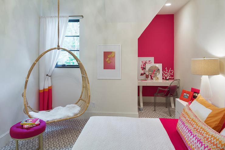 Circular-hanging-rattan-chair-hot-pink-round-tufted-ottoman-kids-desk-nook