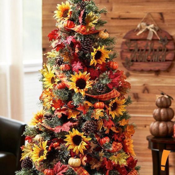 07-a-bright-thanksgiving-tree-with-pinecones-mini-pumpkins-plaid-ribbons-bright-faux-leaves-and-sunflowers