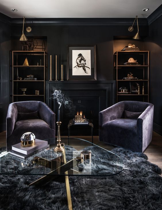 12-a-luxurious-dark-living-room-with-black-walls-purple-chairs-a-grey-faux-fur-rug-and-some-brass-touches-for-a-chic-look