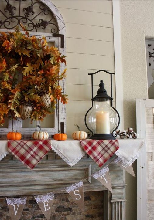 21-plaid-and-lace-bunting-faux-leaf-and-acorn-wreath-small-pumpkins-and-a-candle-lantern