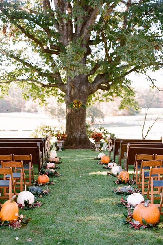 A-rustic-fall-wedding-ceremony-space-done-with-pumpkins-and-foliage-plus-fall-blooms-in-vintage-urns
