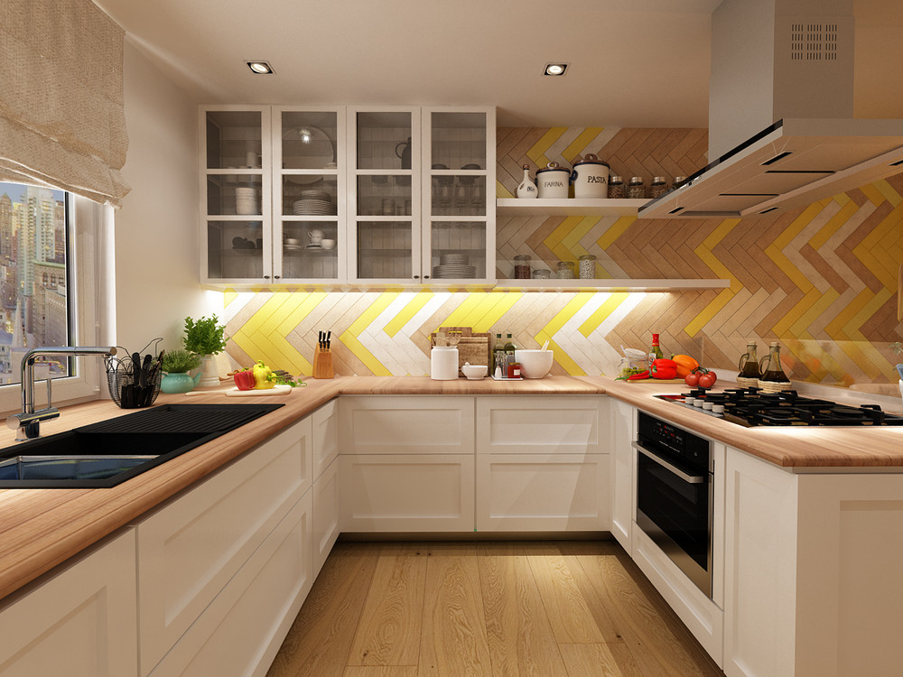 Brown-and-yellow-herringbone-kitchen-tile