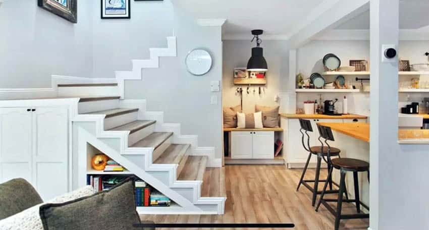 Custom-storage-space-under-stairs-with-shelves-and-cabinet