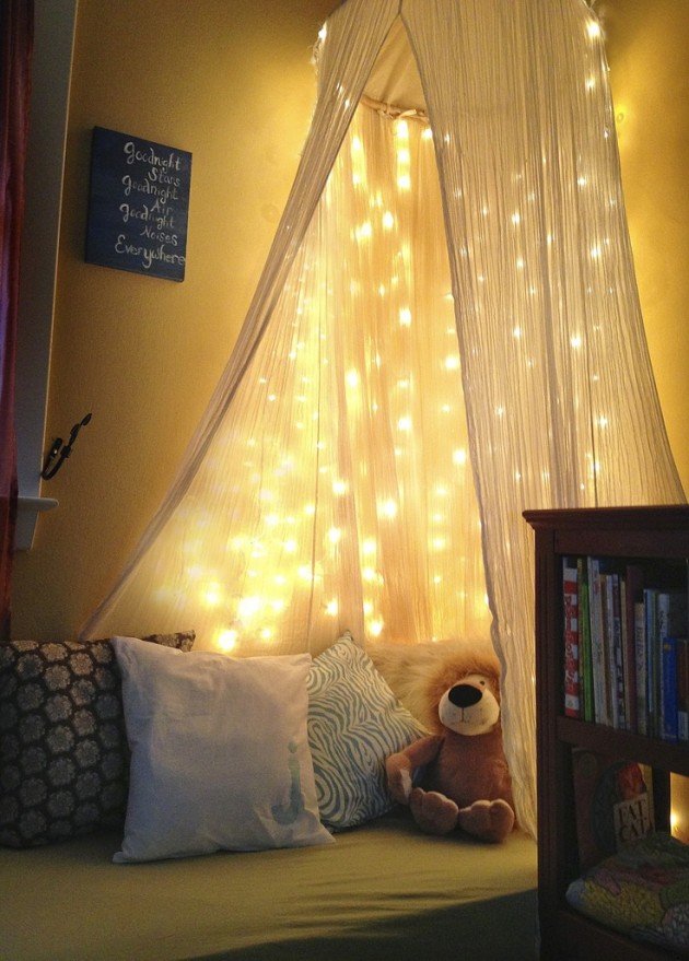 Cute-fairy-lights-decorated-kids-reading-nook