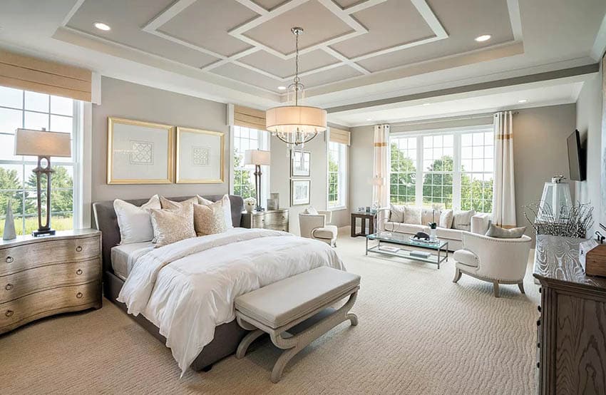Master-bedroom-with-geometric-design-tray-ceiling-with-drum-chandelier