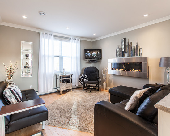 Modern-small-living-room-fireplace-shaggy-rug-neutral-wall-color