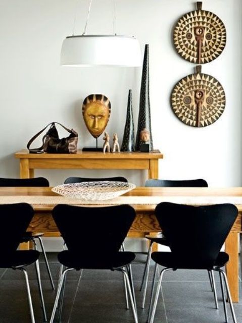 07-chic-ethnic-dining-room-design-with-ocher-colored-furniture-and-african-pottery