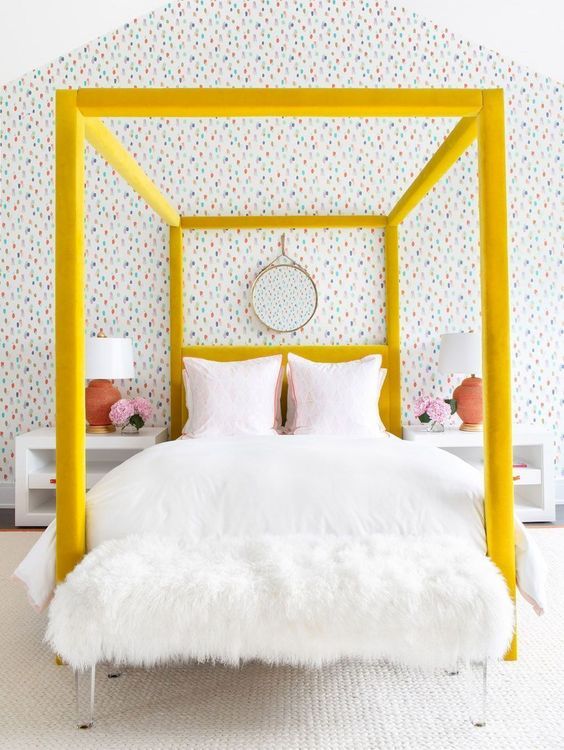 13-a-bold-yellow-velvet-upholstered-canopy-bed-is-a-colorful-statement-in-the-bedroom-that-brings-cheer