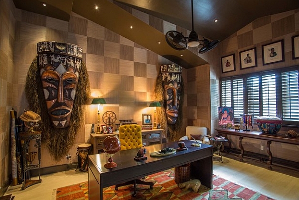 Large-masks-on-the-wall-for-an-exotic-and-audacious-home-office-design