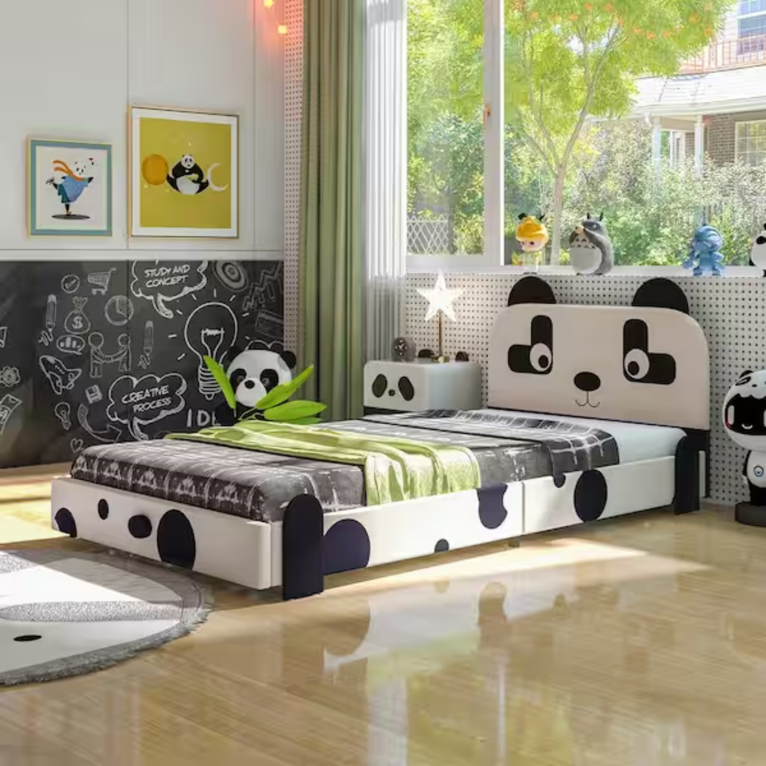 Twin size kids bed toddler upholstered low profile bed frame with panda headboard
