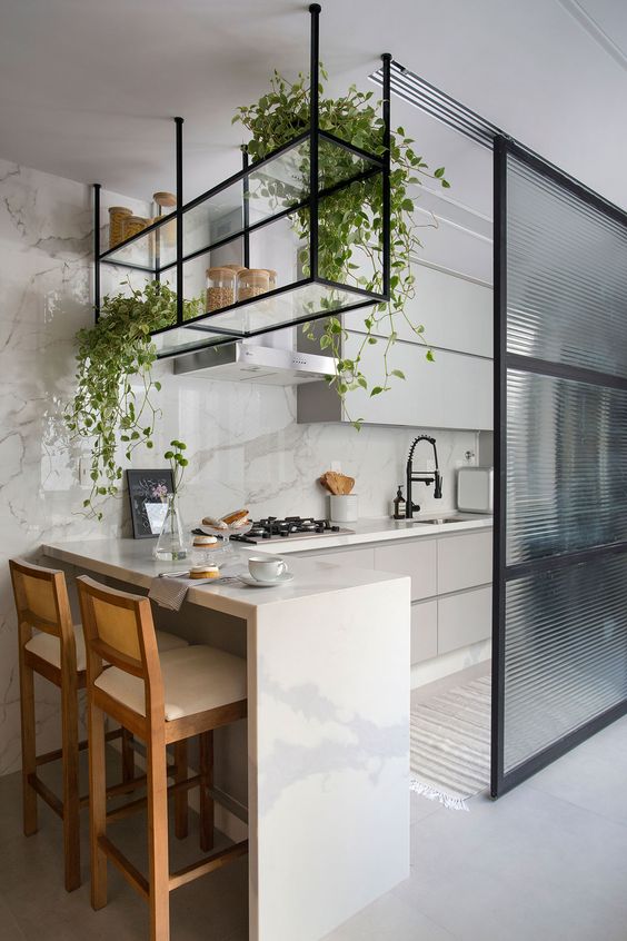 A-glass-open-shelf-hanging-over-the-bar-counter-features-climbing-plants-that-enliven-this-small-kitchen
