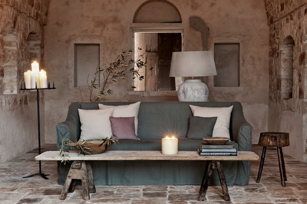 Living-room-design-rustic-style-wooden-table-green-sofa-cover