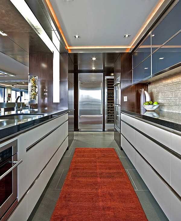 Ultra-contemporary-kitchen-with-red-themed-throw-rug