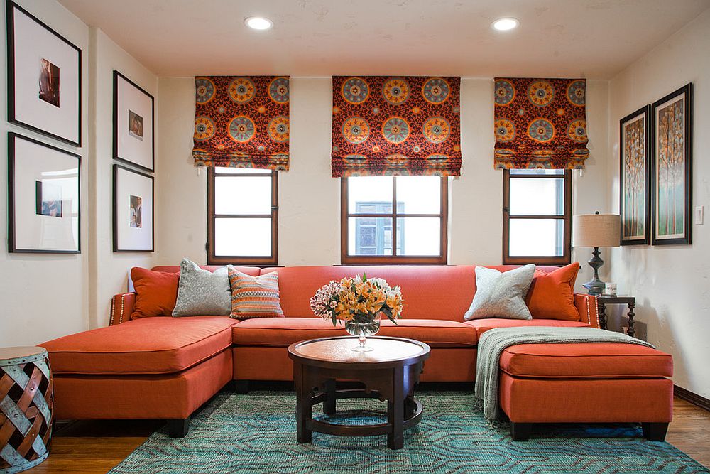 Rug-adds-subtle-pattern-to-the-living-room-with-bold-orange-couch