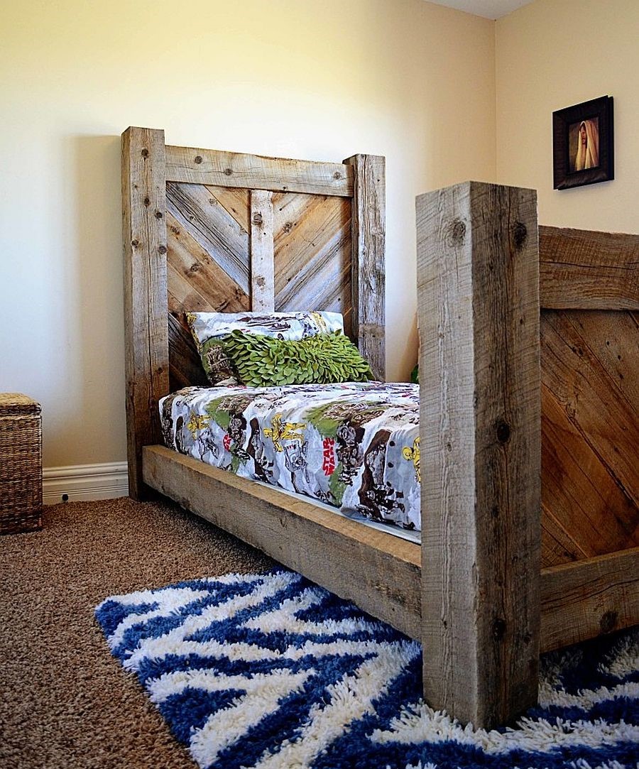 Rustic-barnwood-twin-bed-with-chevron-pattern-headboard