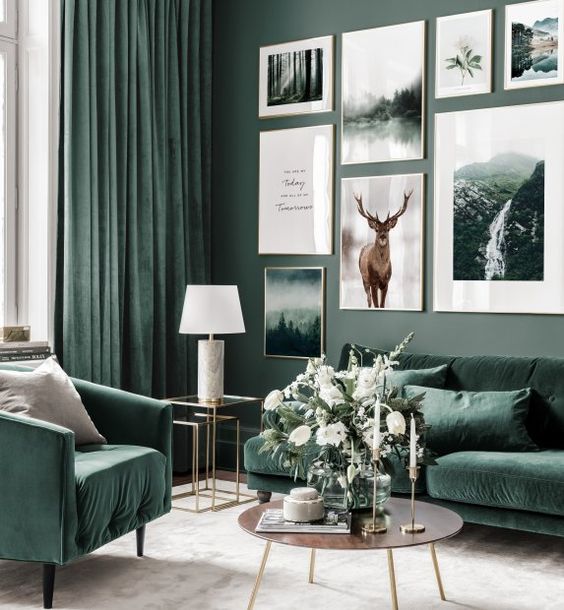A-nature-inspired-living-room-with-grey-green-walls-hunter-green-furniture-and-matching-curtains-and-a-large-gallery-wall