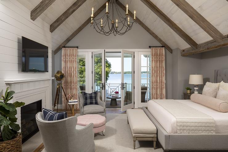 Blush-pink-curtains-in-light-gray-cabin-style-bedroom