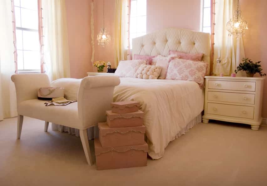 Elegant-pink-bedroom-with-cream-headboard-and-furniture
