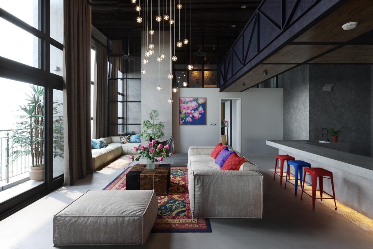Flying-pendant-lights-colourful-stools-kitsch-living-room