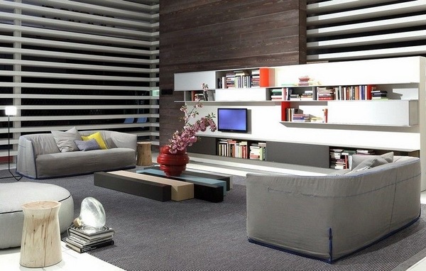 Living-room-design-ideas-gray-sofa-set-gray-carpet-white-wall-shelves