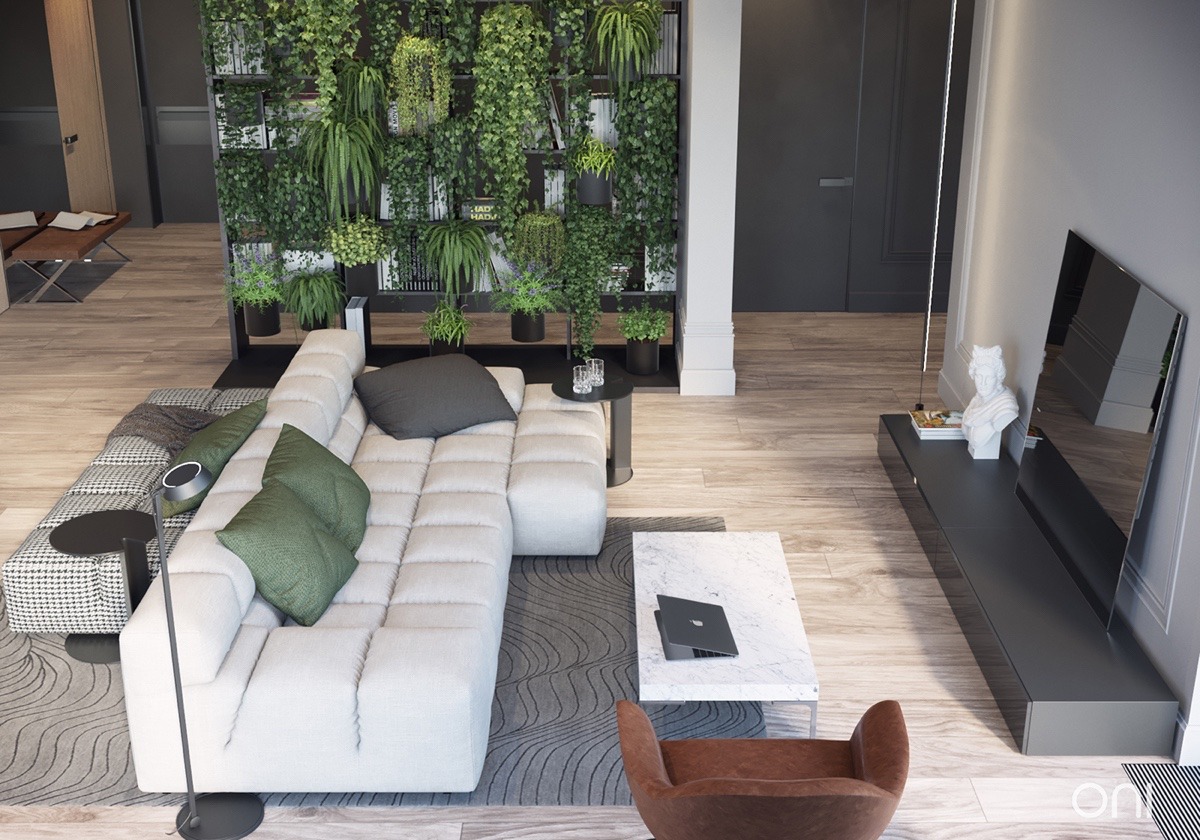 Living-room-overhead-shot-hanging-garden-bookshelf
