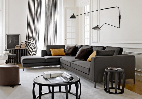 Modern-living-room-furniture-gray-sofa-round-coffee-table-side-table-black-white-curtains