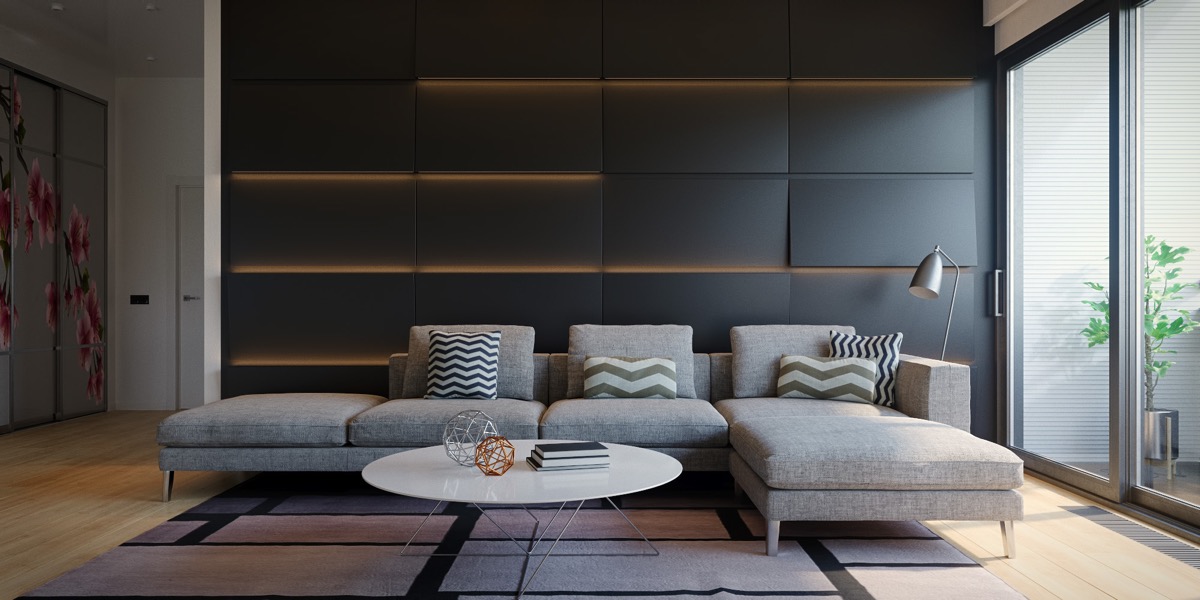 Mushroom-l-couch-black-panel-wall-sophisticated-living-room